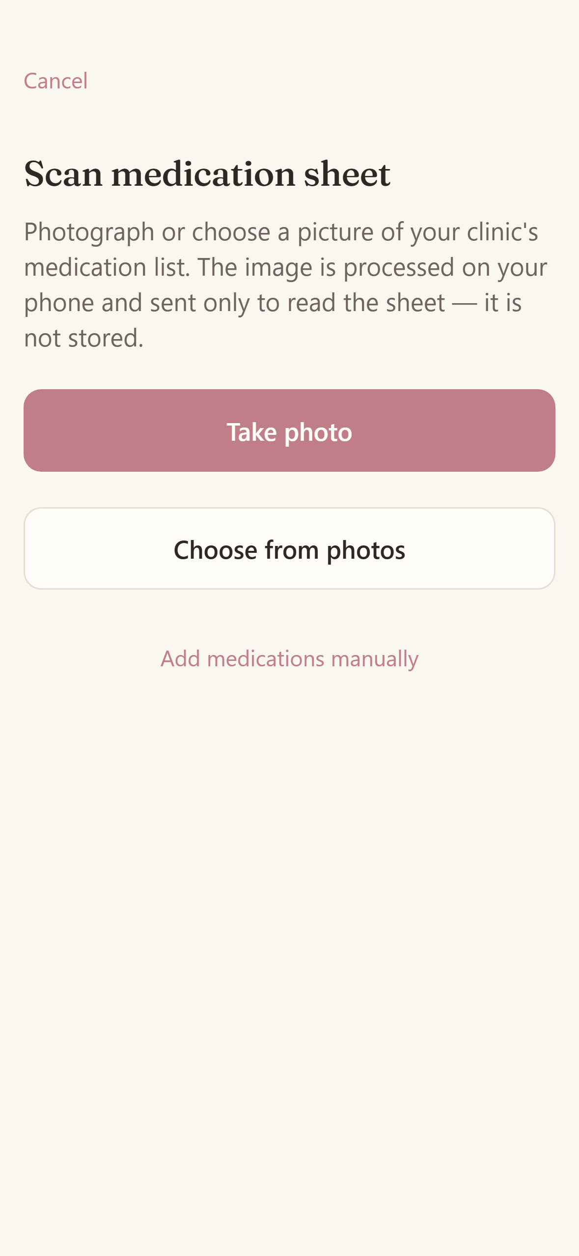Cove protocol scanner screen prompting to photograph a clinic medication sheet
