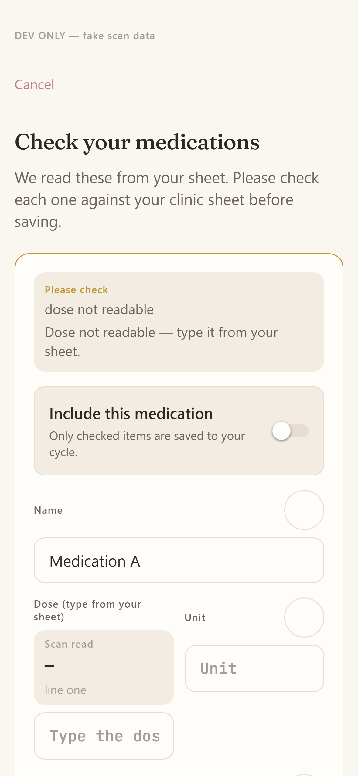 Cove dose verification screen asking you to check each scanned medication against your clinic sheet
